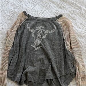 Free People Grey Graphic Pullover with Contrast Stitching